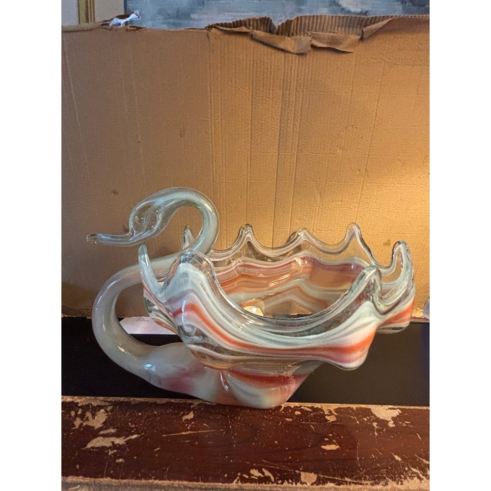 Vintage Blown Glass SWAN Bowl Multicolored 1980s